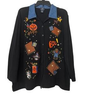 Moving Bleu Halloween Embroidered Ribbed Knit Button Front Shirt 2X Novelty